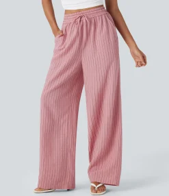 High-Waisted Pants|Wide-Leg Pants<HALARA High Waisted Drawstring Wide Leg Stripe Casual Linen-Feel Pants with Pockets
