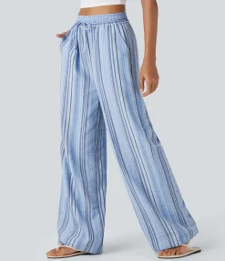 High-Waisted Pants|Wide-Leg Pants<HALARA High Waisted Drawstring Wide Leg Stripe Casual Linen-Feel Pants with Pockets