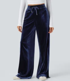 High-Waisted Pants|Wide-Leg Pants<HALARA High Waisted Drawstring Wide Leg Velvet Casual Pants with Pockets