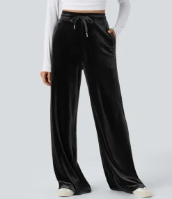High-Waisted Pants|Wide-Leg Pants<HALARA High Waisted Drawstring Wide Leg Velvet Casual Pants with Pockets