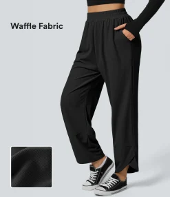 High-Waisted Pants|Straight-Leg Pants<HALARA High Waisted Elastic Waist Pocket Crossover Hem Solid Waffle Straight Leg Casual Pants