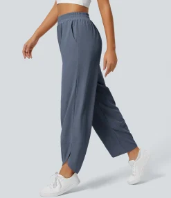 High-Waisted Pants|Straight-Leg Pants<HALARA High Waisted Elastic Waist Pocket Crossover Hem Solid Waffle Straight Leg Casual Pants