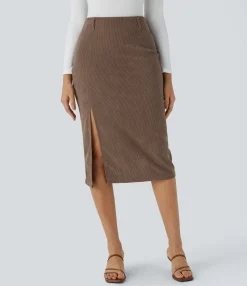 Maxi & Midi Skirts|Casual Skirts<HALARA High Waisted Hem Midi Corduroy Casual Skirt