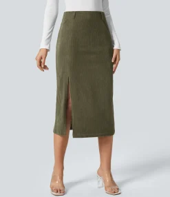 Maxi & Midi Skirts|Casual Skirts<HALARA High Waisted Hem Midi Corduroy Casual Skirt