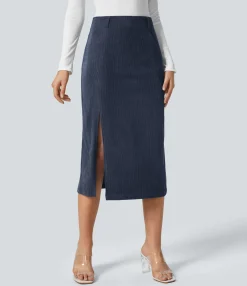 Maxi & Midi Skirts|Casual Skirts<HALARA High Waisted Hem Midi Corduroy Casual Skirt