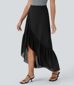 Skirts<HALARA High Waisted High Low Ruffle Hem 2-in-1 Pocket Flowy Mesh Midi Casual Skirt
