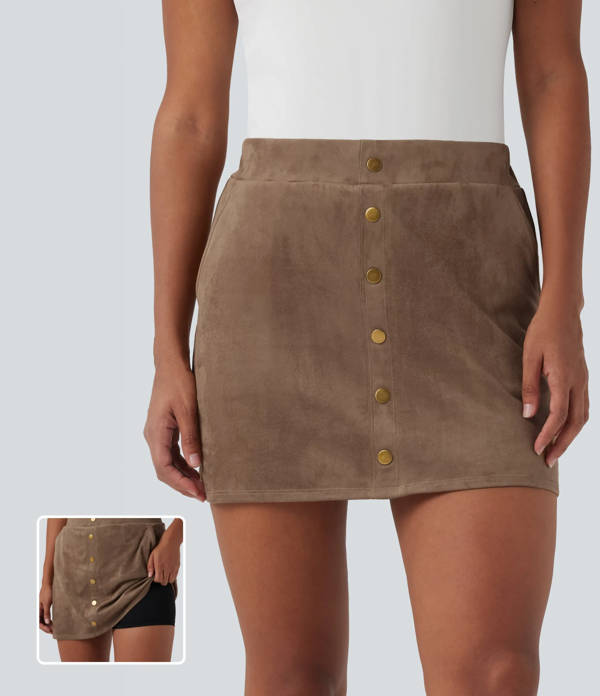 Skirts<HALARA High Waisted 2-in-1 A-line Mini Suede Casual Skirt with Pockets