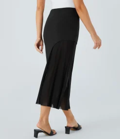Maxi & Midi Skirts|Casual Skirts<HALARA High Waisted 2-in-1 Contrast Mesh Midi Casual Skirt