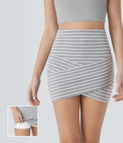 Mini Skirts|Casual Skirts<HALARA High Waisted 2-in-1 Crossover Hem Stripe Bodycon Mini Casual Skirt
