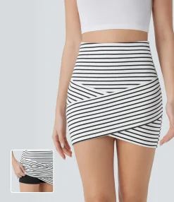 Mini Skirts|Casual Skirts<HALARA High Waisted 2-in-1 Crossover Hem Stripe Bodycon Mini Casual Skirt