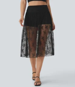 Skirts<HALARA High Waisted 2-in-1 Lace Midi Skirt with Pocket