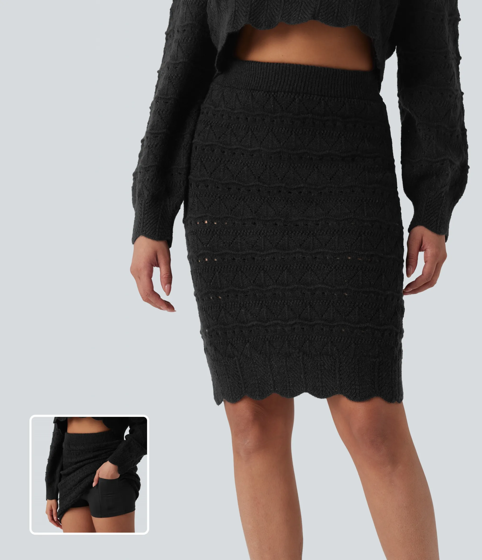 Sweaters<HALARA High Waisted 2-in-1 Open Knit Knee Length Casual Sweater Skirt with Pockets