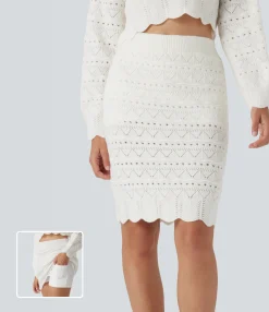 Sweaters<HALARA High Waisted 2-in-1 Open Knit Knee Length Casual Sweater Skirt with Pockets