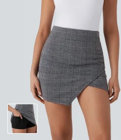 Mini Skirts|Skirts<HALARA High Waisted 2-in-1 Pocket Asymmetric Hem Houndstooth Plaid Bodycon Mini Work Skirt