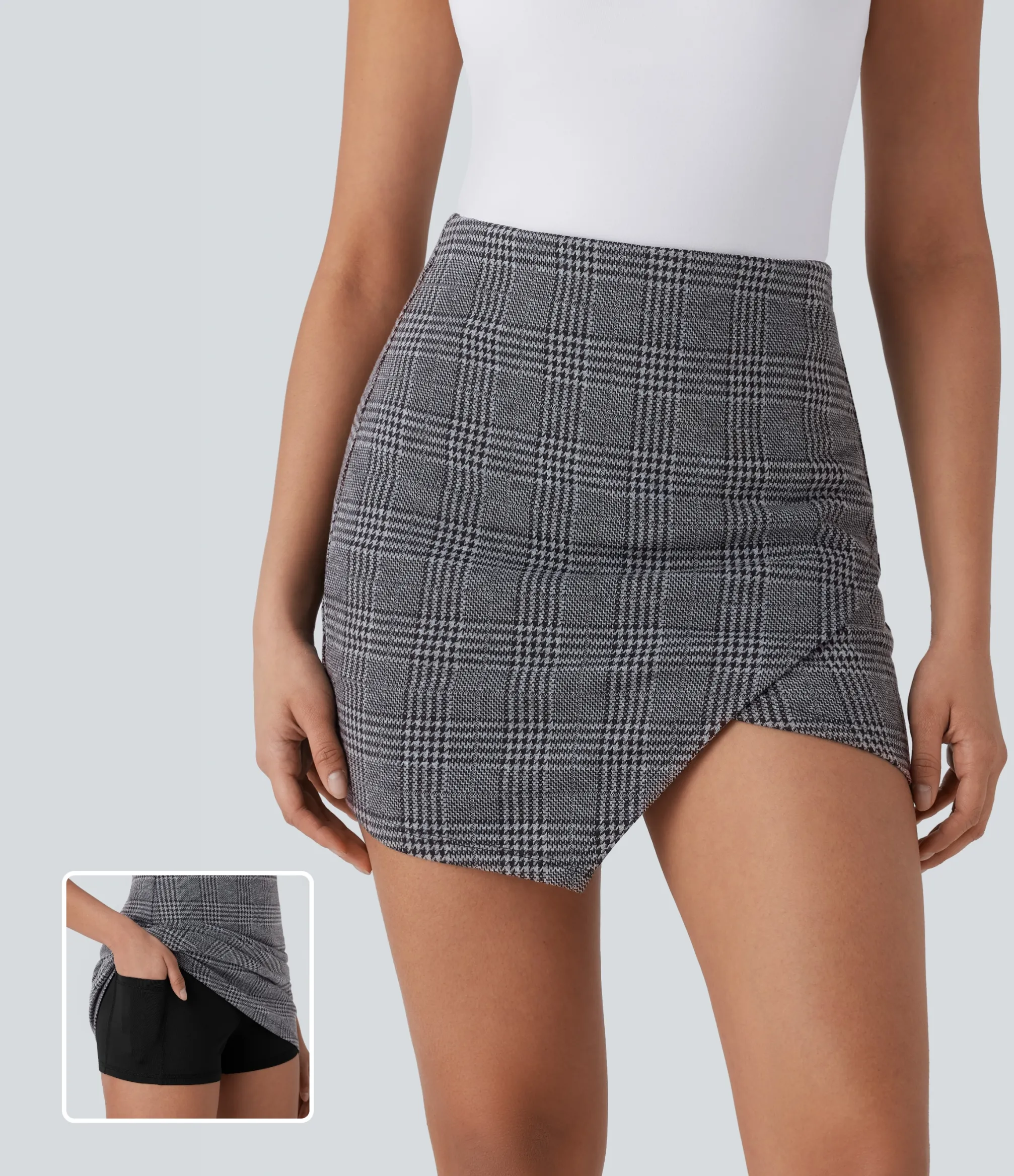 Mini Skirts|Skirts<HALARA High Waisted 2-in-1 Pocket Asymmetric Hem Houndstooth Plaid Bodycon Mini Work Skirt