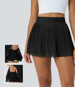 Mini Skirts|Pleated Skirts<HALARA High Waisted 2-in-1 Pocket Contrast Mesh Pleated Mini Tennis Skirt