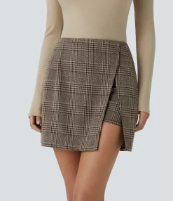 Mini Skirts|Casual Skirts<HALARA High Waisted 2-in-1 Pocket Houndstooth Plaid Mini Casual Skirt