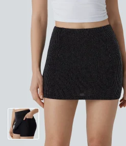 Mini Skirts|Casual Skirts<HALARA High Waisted 2-in-1 Pocket Metallic Stripe Bodycon Mini Casual Skirt