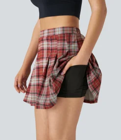 Mini Skirts|Casual Skirts<HALARA High Waisted 2-in-1 Pocket Plaid Pleated Mini Casual Skirt