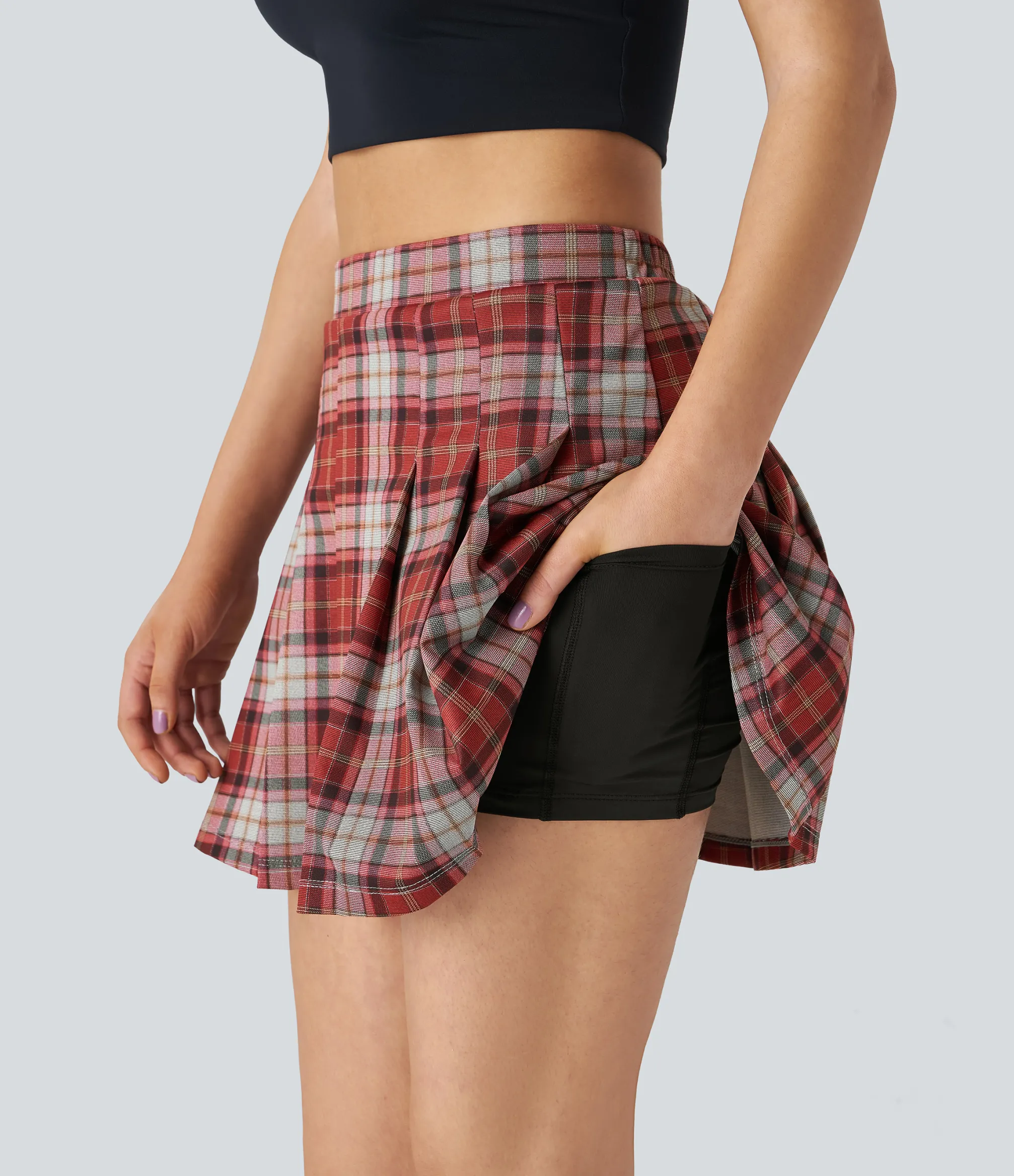Mini Skirts|Casual Skirts<HALARA High Waisted 2-in-1 Pocket Plaid Pleated Mini Casual Skirt