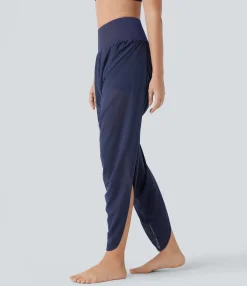 Pants|Joggers<HALARA High Waisted 2-in-1 Pocket Ruched Contrast Mesh Yoga Joggers