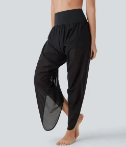 Pants|Joggers<HALARA High Waisted 2-in-1 Pocket Ruched Contrast Mesh Yoga Joggers