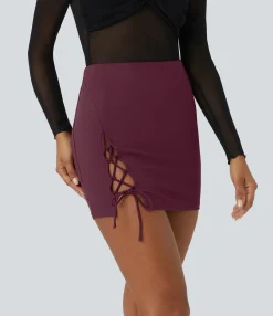 Mini Skirts|Casual Skirts<HALARA High Waisted Lace Up Bodycon Mini Casual Skirt Fig