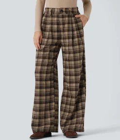 High-Waisted Pants|Wide-Leg Pants<HALARA High Waisted Plaid Wide Leg Casual Pants with Pockets