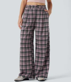 High-Waisted Pants|Wide-Leg Pants<HALARA High Waisted Plaid Wide Leg Casual Pants with Pockets