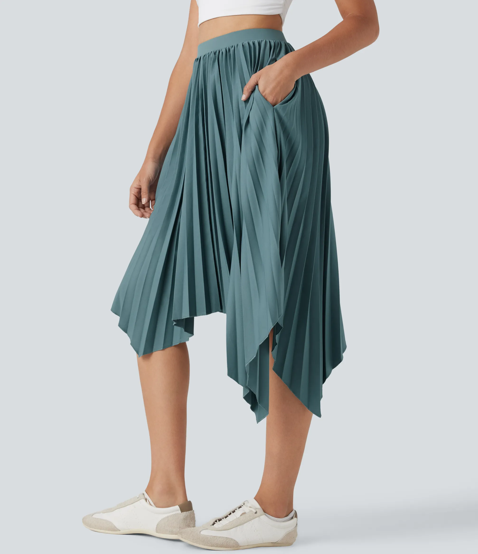 Maxi & Midi Skirts|Pleated Skirts<HALARA High Waisted Pleated Asymmetrical Hem Casual Skirt with Pockets