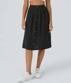 Maxi & Midi Skirts|Casual Skirts<HALARA High Waisted Pocket A Line Midi Casual Linen-Feel Skirt