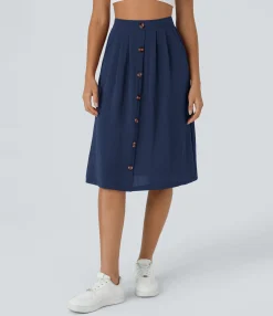 Maxi & Midi Skirts|Casual Skirts<HALARA High Waisted Pocket A Line Midi Casual Linen-Feel Skirt