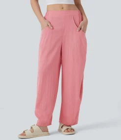 Pants|High-Waisted Pants<HALARA High Waisted Pocket Barrel Leg Casual Linen-Feel Pants