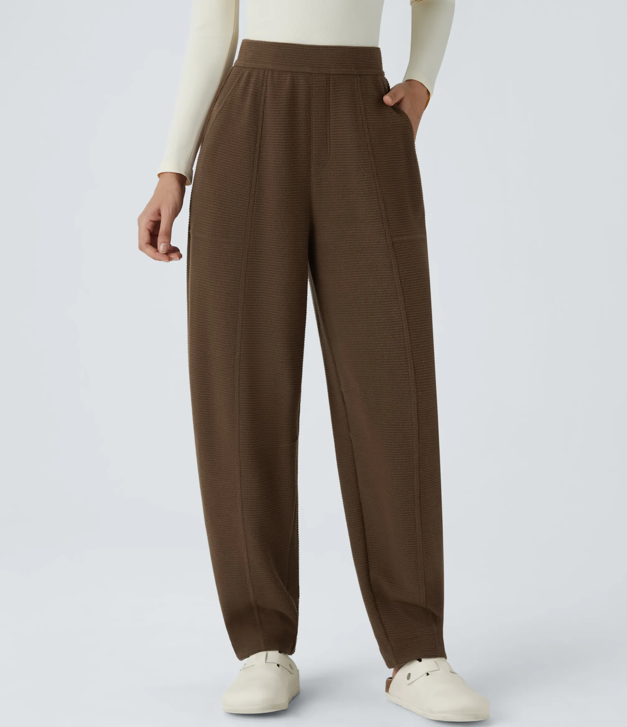 High-Waisted Pants|Pants<HALARA High Waisted Pocket Barrel Leg Waffle Casual Pants