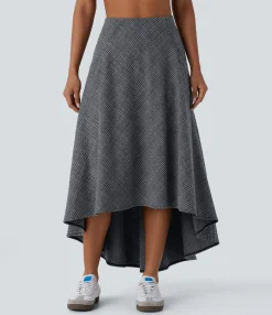 Maxi & Midi Skirts|Casual Skirts<HALARA High Waisted Pocket High Low Flowy Houndstooth Plaid Maxi Casual Skirt