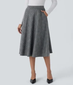 Casual Skirts|Maxi & Midi Skirts<HALARA High Waisted Pocket Houndstooth Plaid Flare Midi Casual Skirt