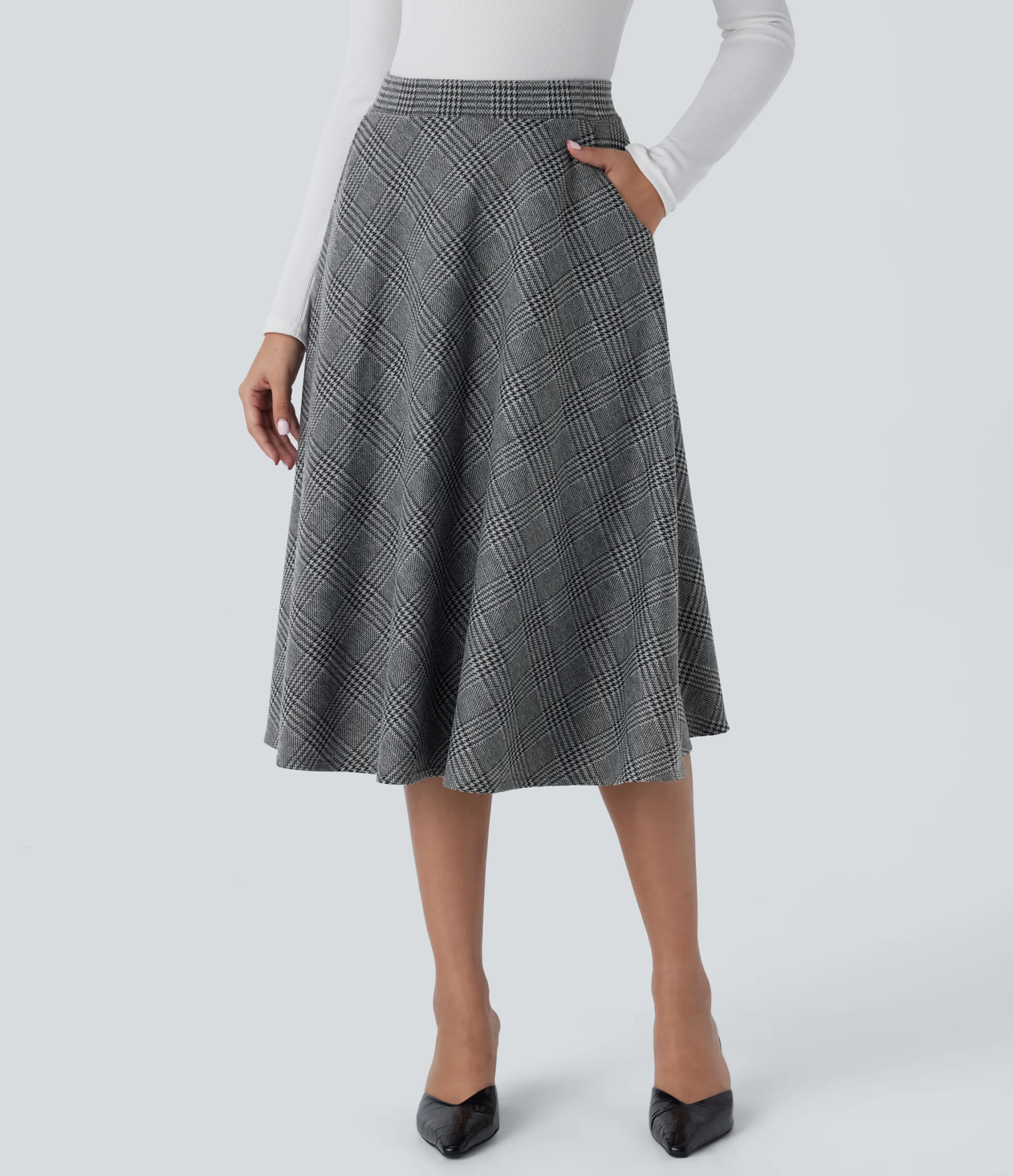 Casual Skirts|Maxi & Midi Skirts<HALARA High Waisted Pocket Houndstooth Plaid Flare Midi Casual Skirt