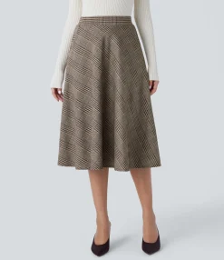 Casual Skirts|Maxi & Midi Skirts<HALARA High Waisted Pocket Houndstooth Plaid Flare Midi Casual Skirt