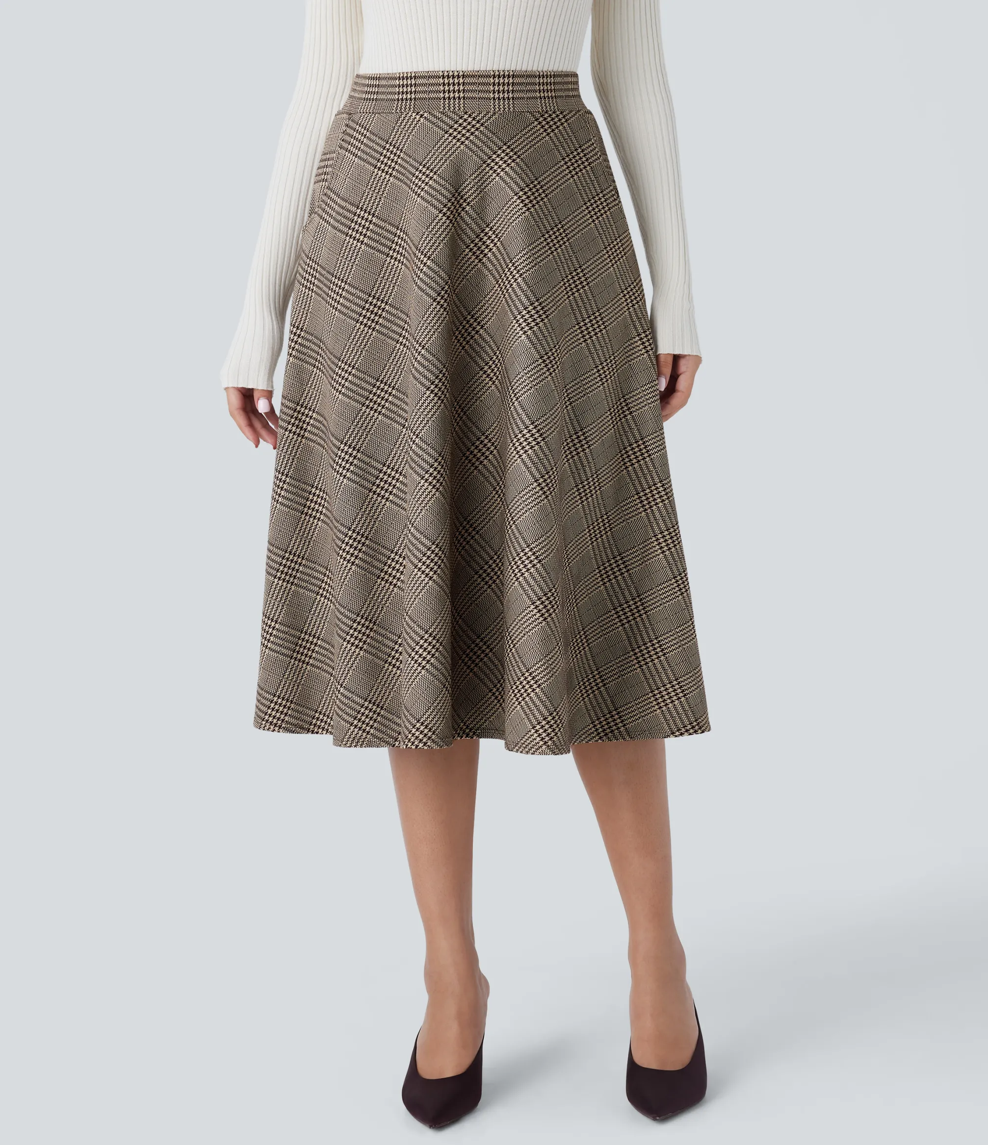 Casual Skirts|Maxi & Midi Skirts<HALARA High Waisted Pocket Houndstooth Plaid Flare Midi Casual Skirt