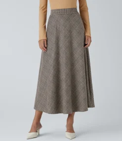 Maxi & Midi Skirts|Casual Skirts<HALARA High Waisted Pocket Houndstooth Plaid Flare Midi Casual Skirt