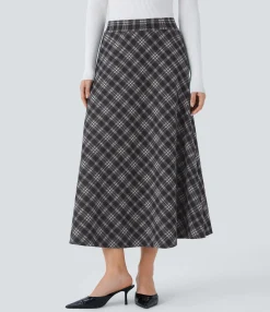 Maxi & Midi Skirts|Casual Skirts<HALARA High Waisted Pocket Houndstooth Plaid Flare Midi Casual Skirt