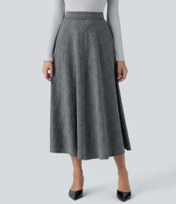 Maxi & Midi Skirts|Casual Skirts<HALARA High Waisted Pocket Houndstooth Plaid Flare Midi Casual Skirt