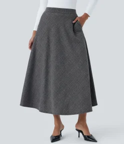 Maxi & Midi Skirts|Casual Skirts<HALARA High Waisted Pocket Houndstooth Plaid Flare Midi Casual Skirt
