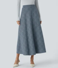 Maxi & Midi Skirts|Casual Skirts<HALARA High Waisted Pocket Houndstooth Plaid Flare Midi Casual Skirt