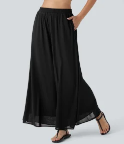 High-Waisted Pants|Wide-Leg Pants<HALARA High Waisted Pocket Mesh Overlay Wide Leg Casual Pants