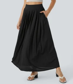 Pleated Skirts|Casual Skirts<HALARA High Waisted Pocket Pleated Flowy Maxi Waffle Casual Skirt