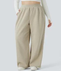 Plus Size<HALARA High Waisted Pocket Straight Leg Mop Corduroy Casual Plus Size Pants
