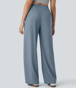 High-Waisted Pants|Straight-Leg Pants<HALARA High Waisted Pocket Straight Leg Micro Waffle Casual Pants