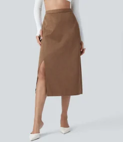 Maxi & Midi Skirts|Skirts<HALARA High Waisted Pocket Suede Midi Work Skirt