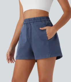 Shorts<HALARA High Waisted Pocket Washed Casual Cotton Shorts